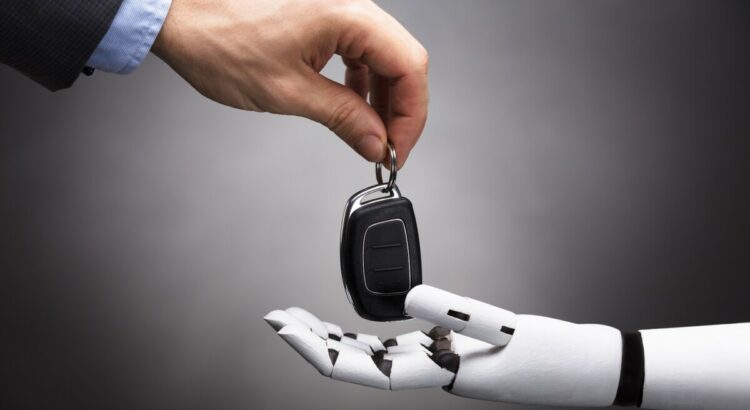un homme donne ses clés à un robot voiture autonome mondial de l'auto 2022