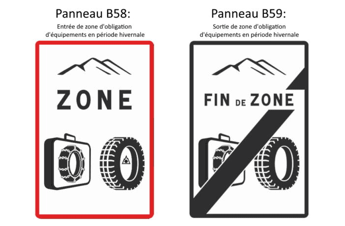 Panneaux B58 et B59, zones d'obligation d'équipement en période hivernale