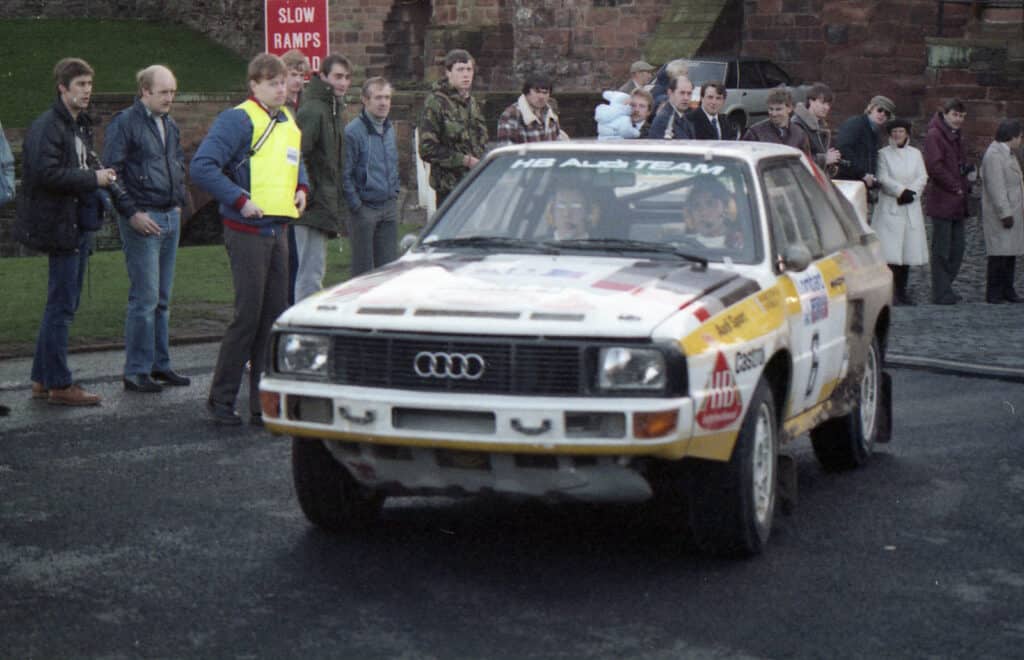 Mondial de l'auto,Michèle Mouton et sa copilote Fabrizia Pons au RAC Rally 1984, Audi Sport Quattro