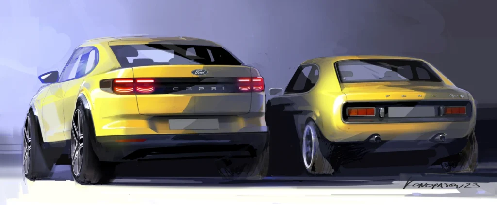 dessin de l'arrière de la Nouvelle Ford Capri (2024) et de l'ancienne, mondial de l'auto 2024