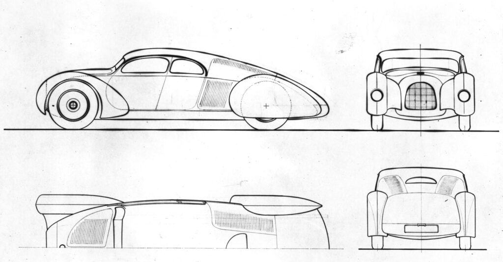 1933, les premiers croquis Audi Auto Union Type 52, mondial de l'auto 2024, historique prototype construit