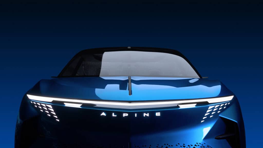 nouveau show-car alpine - mondial de l'auto 2024 - photo de la voiture vue de face - signature lumineuse alpine 