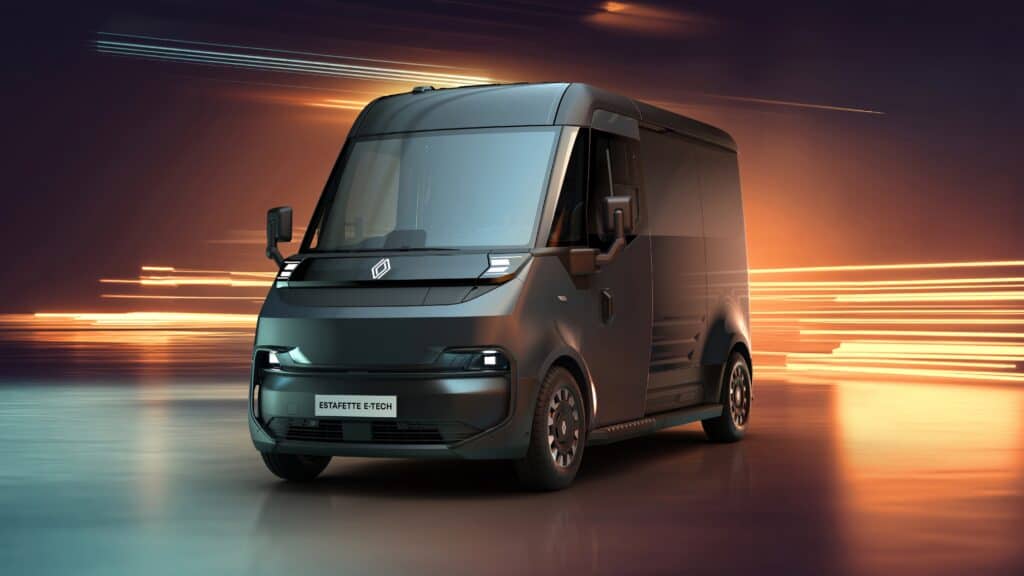 photo de la renault estafette 2025 - Véhicules utilitaires Renault électriques - plan fixe - vue de 3/4 face avant - mondial de l'auto 2026