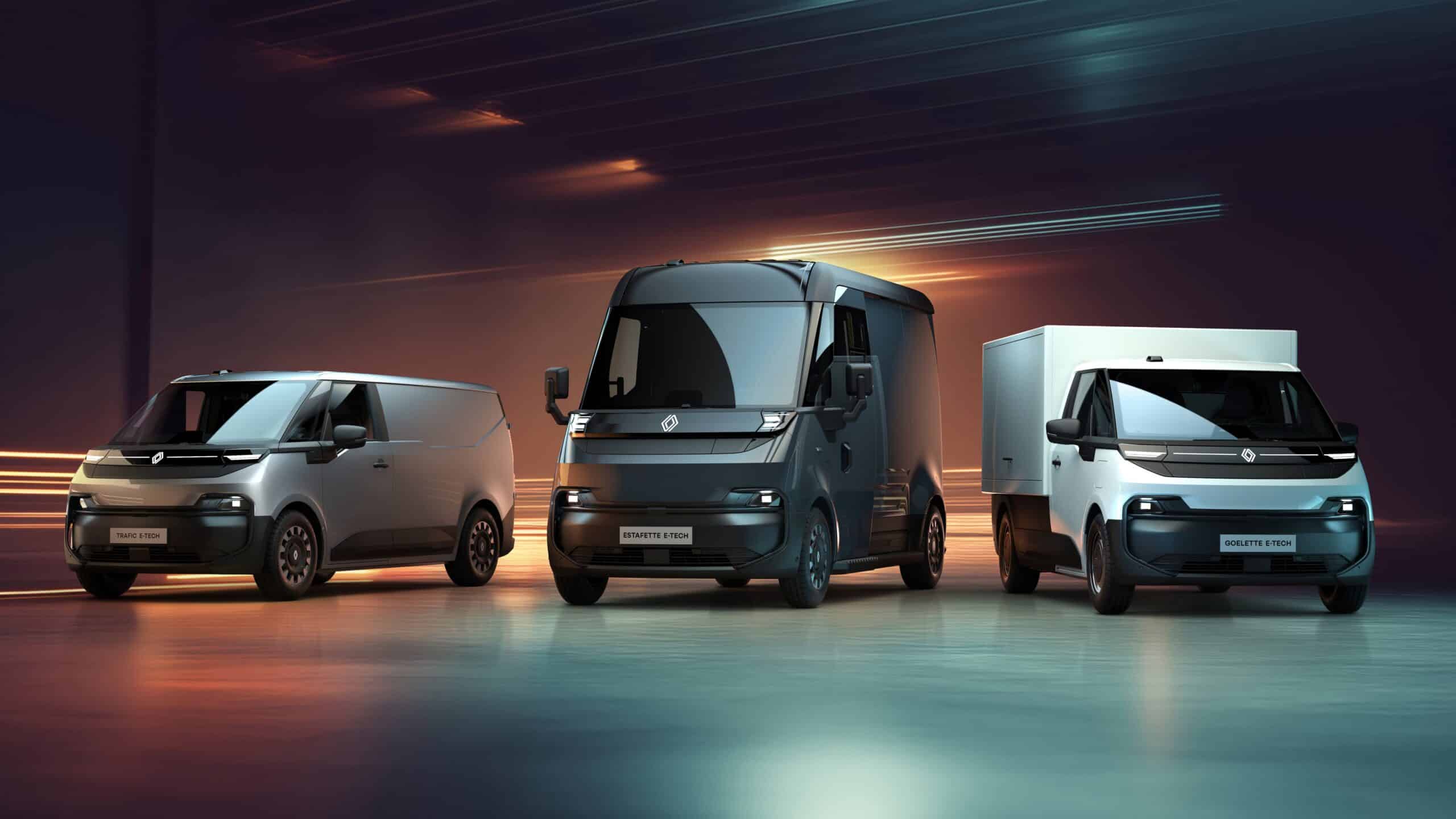 photo des trois nouveaux véhicules utilitaires Renault électriques - Renault Estafette - Renault Goelette - Renault Trafic - plan statique vue de face - mondial de l'auto 2026 - renault utilitaire