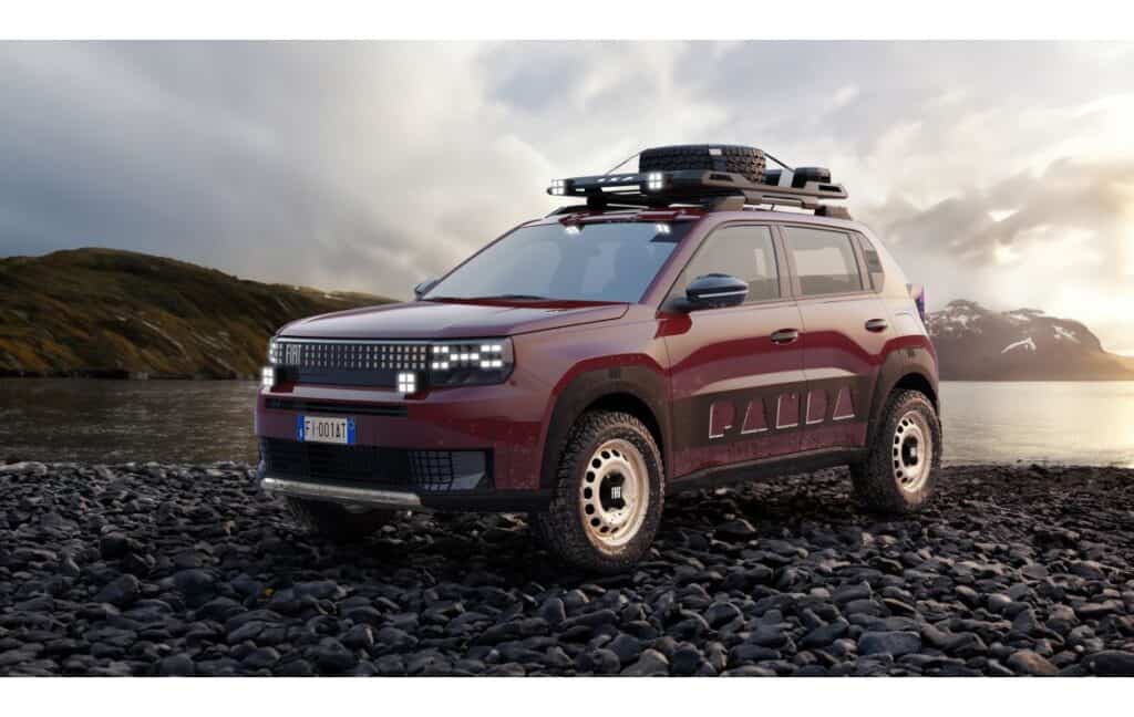 Fiat Grande Panda 4x4 dans la nature, au bord d'un lac - coouleur rouge bordeaux de la Panda 4x4 Country Club