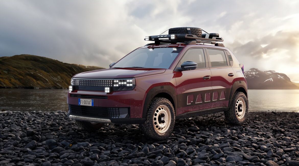 Fiat Grande Panda 4x4 dans la nature, au bord d'un lac - coouleur rouge bordeaux de la Panda 4x4 Country Club