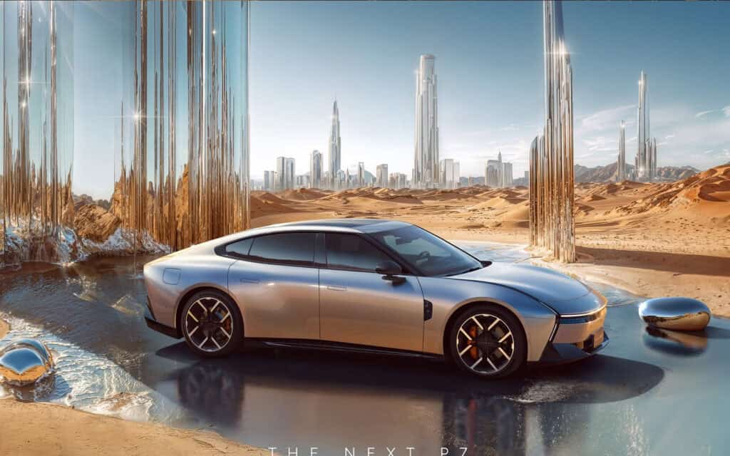 La nouvelle XPeng P7 2026 grise dans un décor futuriste urbain.
