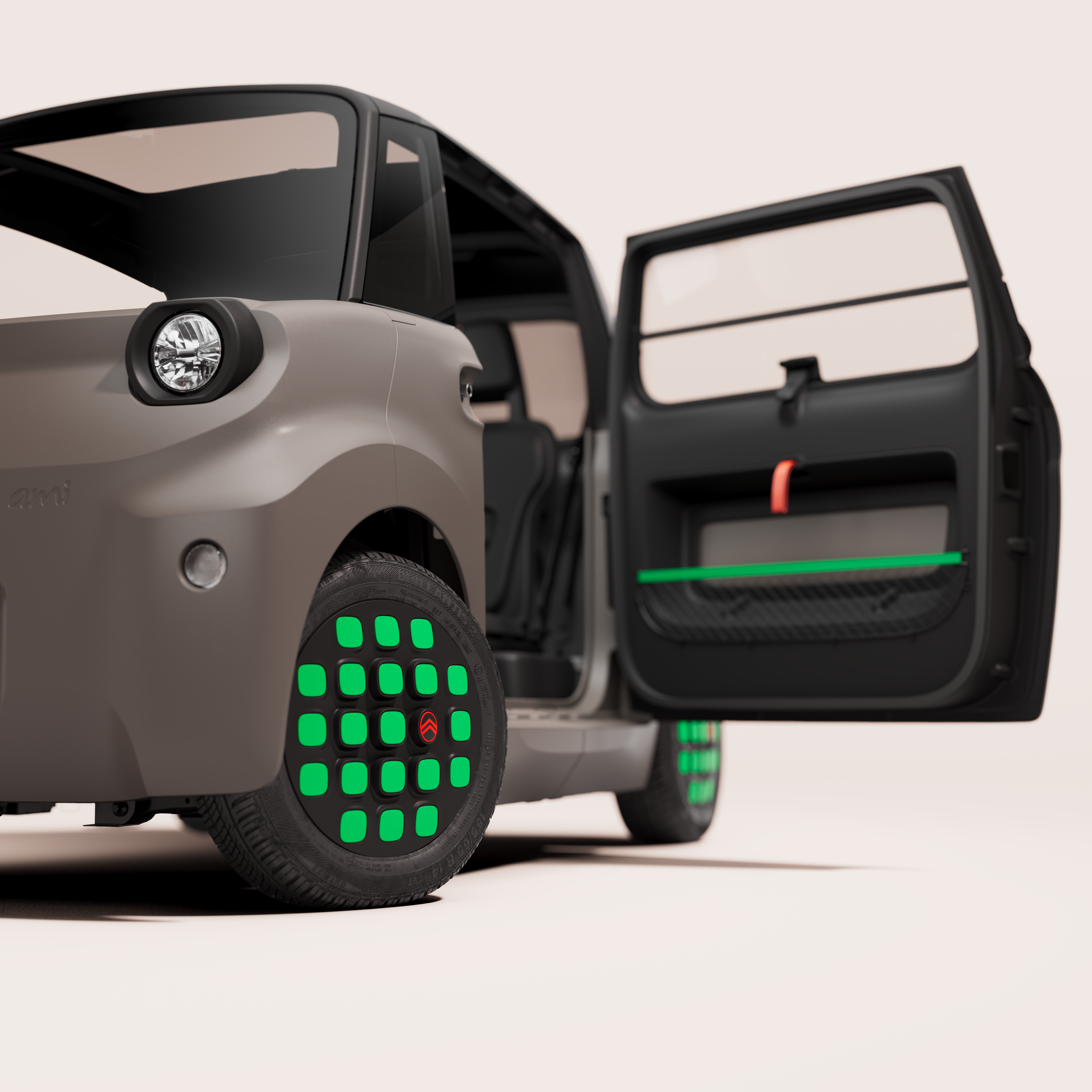 plan statique de la nouvelle citroën ami 2025 - plan statique de la voiture vue de 3/4 face avec la portiere ouverte - mondial de l'auto 2026