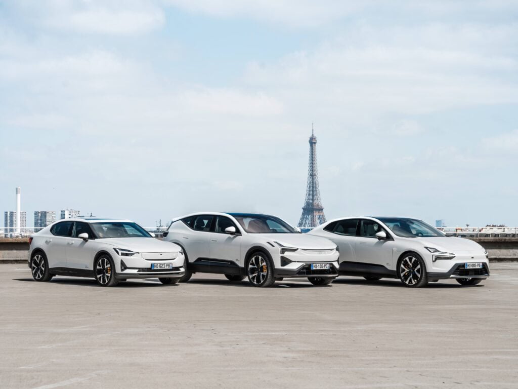 photo des trois voitures polestar, marque suedoise qui arrive en France, photo des voitures cote a cote, mondial de l'auto 2026